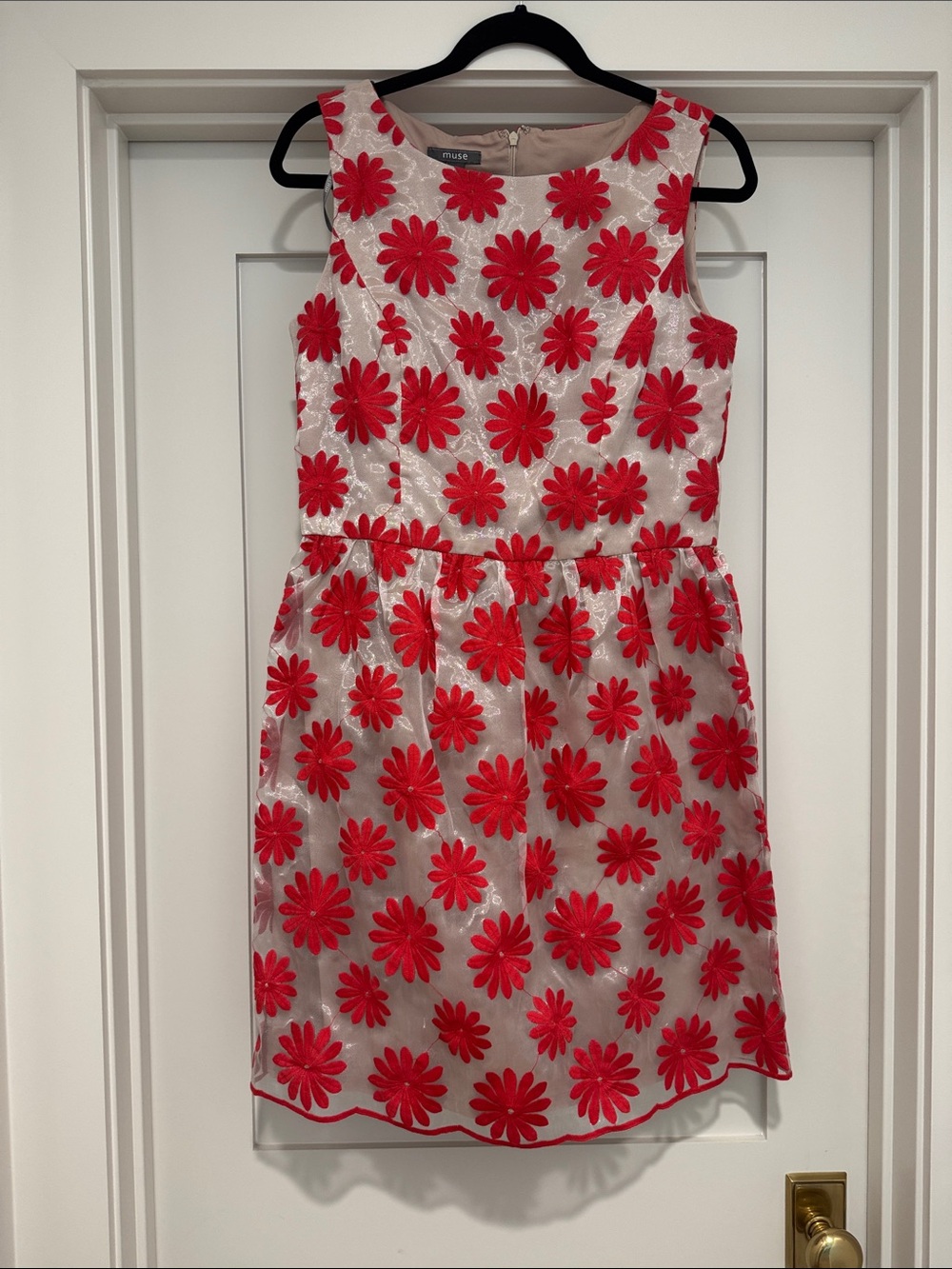 Muse Cream Dress with Bold Red Floral Embroidery